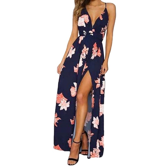 Dresses & Skirts - V Neck Print Spaghetti Strap Boho Long Maxi Dress